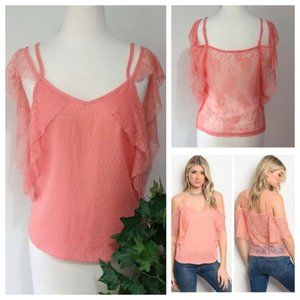Peachy Pink Cold Shoulder Semi Sheer Lace Back Flutter Sleeve Blouse Top